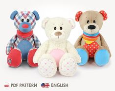 three stuffed teddy bears sitting next to each other on a white background with the words pattern english