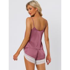 Great for loungewear, nightwear, sleepwear, home bedroom, and daily wear. Features: 2 Piece sleepwear set, including camisole, and shorts. These women's sleepwear set uses the soft breathable pure satin, giving you the great dress experience. Design: Many individual solids make the sleepwear casual but elegant, and the light color looks very fashionable, and the deep colors look mature. This sleepwear is suitable for sleeping, pajama party, girls' day, indoor, living room, and bedroom, etc. No m Lingerie Silk, Womens Sleepwear, Shorts Pajama Set, Satin Lingerie, Women's Sleepwear, Silk Lingerie, Silk Cami, Pajama Party, Sleepwear Sets