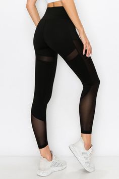 High waisted mesh decorated leggings made with lightweight, moisture-wicking power fabric. Featuring high elasticity and thick fabric that is squat proof, sweat-wicking and a tummy flattening waistband with a hidden pocket!• Mesh detailing• Squat Proof• Soft and stretchy• Moisture wicking fabric• Fits like a glove• 4-way-stretch fabric for a move-with-you feel• Tummy-flattening waistband with interior hidden pocket• Flat lock seams prevent chafing• 83% Nylon 17% Spandex Stretch Mesh Activewear With Mesh Sleeves, Nylon Yoga Tights With Mesh Back, Yoga Tights With Mesh Back, Nylon Mesh Back Tights For Yoga, Compressive Workout Tights With Mesh Back, Compression Nylon Leggings With Mesh Back, Compression Tights With Mesh Back For Yoga, Athleisure Tights With Mesh Back For Training, Mesh Tights For Training In Athleisure Style