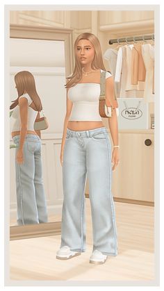 a woman standing in front of a mirror wearing blue jeans and a white crop top