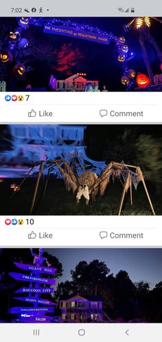 two screens showing the different types of lights in front of a house and an image of a spider