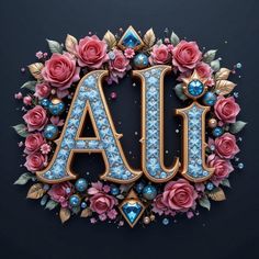 the letters are made up of flowers and jewels in blue, pink, and gold