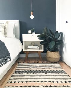 a bed room with a neatly made bed and a plant