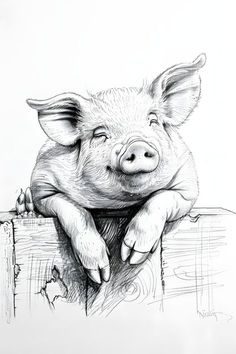 a black and white drawing of a pig resting its head on a piece of wood