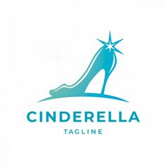 the logo for cinderella tagline is blue and has a high heeled shoe with a star on top