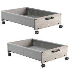 two gray storage bins with wheels on each side, one is open and the other is closed