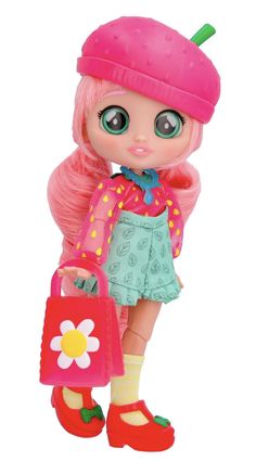 a doll with pink hair holding a red bag