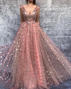 Cinnamon Stars Gown | Teuta Matoshi Prom Dresses Pink Long, Dresses Pink Long, Pink Long Prom Dress, Prom Dresses Pink, Prom Dresses Long Pink, Princess Prom Dresses, V Neck Prom Dresses, Prom Dress Evening, Princess Ball Gowns