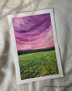 a painting of a purple sky over a green field with wildflowers in the foreground