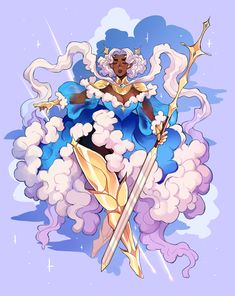 an image of a woman with clouds and stars on her body, holding two swords