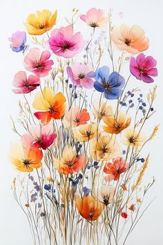 watercolor painting of colorful flowers in a vase