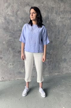 "Handmade 100% loose washed linen kimono half elbow sleeves top with v-neck. Made with love for You. *100% local medium weight linen *Each item is individually cut and sewn by order *The model is wearing size L, blouse color - Lilac blue *The model's height is 172 cm *Note that colors may look different on your display depending on their settings and technical characteristics. Please let us know if you need different measurements or colors. CARE *Machine wash up to 40 / 104F gentle cycle *Iron i Summer Linen Half Sleeve Tops, Summer Blouse With Short Sleeves, Boxy Short Sleeve Blouse For Spring, Boxy Short Sleeve Blouse For Summer, Spring Boxy Short Sleeve Blouse, Blue Linen Short Sleeve Top, Relaxed Blue Linen Tops, Flax Linen Short Sleeve Blouse, Short Sleeve Linen Blouse In Flax Color