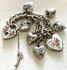 80s Clothes, Silver Heart Jewelry, Mod Jewelry, Puffy Heart Charms, Vintage Charm Bracelet, Beautiful Aesthetic, Normal Clothes, Heart Lock, Rose Jewelry