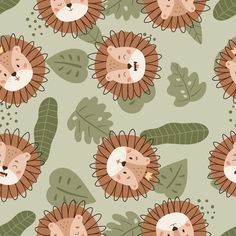 a pattern with lions and leaves on a green background