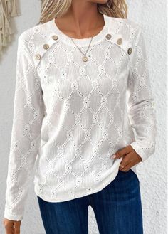 Color:White;Size:S;Size:M;Size:L;Size:XL;Size:XXL;Package Contents:1 X T Shirt;Occasion:Other;Style:Bohemian; White Crew Neck Top With Buttons, White Button-up Tops For Fall, White Buttoned T-shirt, White Crew Neck T-shirt With Buttons, Fall Crew Neck T-shirt With Button Closure, Crew Neck T-shirt With Buttons For Fall, Fall Crew Neck T-shirt With Buttons, Trendy Tops For Women, Long Sleeve Tops Casual