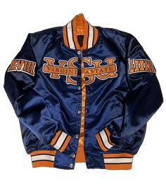 Blue Long Sleeve Varsity Jacket For Fall, Blue Fitted Varsity Jacket For Winter, Fitted Blue Varsity Jacket For College, Blue Fitted Varsity Jacket For Fall, Fitted Blue Varsity Jacket For Fall, Vintage Blue Outerwear For College, Fitted Varsity Outerwear For Spring, Fitted Navy Outerwear For Streetwear, Fall Blue Outerwear For College