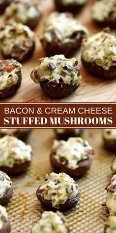 bacon and cream cheese stuffed mushrooms on a baking sheet with text overlay that reads bacon and cream cheese stuffed mushrooms