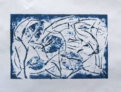 a blue and white painting on paper with lines in the middle, surrounded by leaves