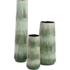 three green vases sitting next to each other