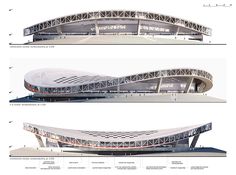 three different views of a large building with multiple levels and sections to each level, including the roof