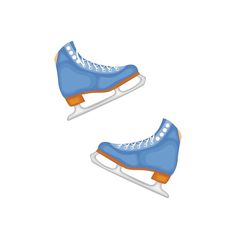 two blue ice skates with orange and white laces