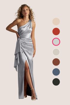 a woman in a silver dress standing next to color swatches and the image has an assortment of colors