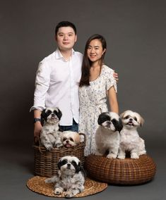 a man and woman standing next to three small dogs in wicker baskets on top of each other