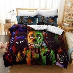 a bed with two pillows on top of it and an image of five cartoon characters