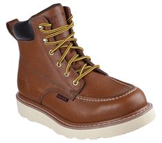 Classic leather work boot style comes to the job site in Skechers Work : Kadmiel - Bennot. This lace-up work boot features a leather upper with a synthetic padded collar, a cushioned Air-Cooled Memory Foam insole, and a durable Goodyear welt midsole. | Skechers Men's Work: Kadmiel - Bennot Boots | Medium Width | Skechers Air-Cooled Memory Foam cushioned comfort insole | Goodyear welt construction for added durability | Electrical Hazard (EH) safe design tested ASTM-F2892 | Leather and synthetic upper with a lace-up front | Classic moc toe work boot design with a padded collar | 5 1/2-inch shaft | 1-inch heel height | Skechers Leather Slip-resistant Work Boots For Construction, Steel Toe Lace-up Work Boots, Brown Slip-resistant Lace-up Work Boots, Steel Toe Moc Toe Work Boots, Steel Toe Moc Toe Work Boots For Workwear, Steel Toe Work Boots With Moc Toe Shape, Impact Resistant Leather Moc Toe Work Boots, Leather Moc Toe Work Boots Impact Resistant, Slip-resistant Moc Toe Work Boots