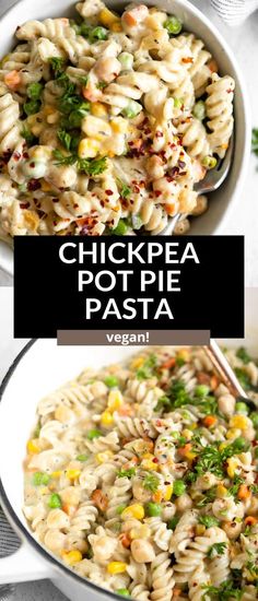 chicken pot pie pasta in a white bowl with the title above it and an image of two