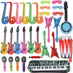 an assortment of musical instruments and accessories