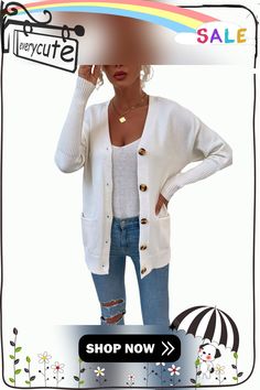 White Solid Button Knit Cardigan with Pocket Trendy Sweater With Button Closure For Everyday, Trendy Everyday Cardigan With Button Closure, Trendy Everyday Cardigan With Buttons, Trendy Button-up Sweater For Everyday, White Sweater Coat With Button Closure, Trendy Buttoned Sweater For Everyday, Trendy Everyday Sweater With Buttons, White Cardigan With Button Closure For Fall, Trendy White Sweater With Button Closure