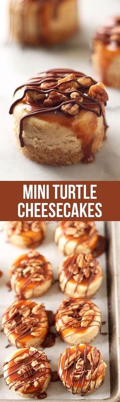 mini turtle cheesecakes with caramel drizzle and chocolate sauce on top