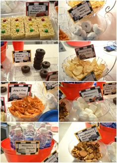 several pictures of different types of food on display in bowls and plates, including crackers, marshmallows, pretzels