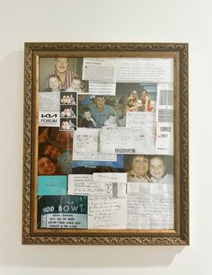 a collage of photos and letters is displayed on the wall above a framed photograph