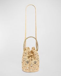 Rabanne "Sac a Main" bucket bag in raffia and disclink brass    Chain top handle     Shoulder strap    Can be worn as a top handle or shoulder bag     Drawstring closure     Approx. 9.8"H x 9.4"W x 5.9"D    Imported Summer Evening Straw Bag With Bamboo Handle, Elegant Natural Bucket Bag With Bamboo Handle, Chic Woven Bucket Crochet Bag, Chic Woven Crochet Bucket Bag, Evening Bag With Bamboo Handle In Natural Color, Evening Shoulder Bag With Bamboo Handle In Natural Color, Evening Woven Straw Tote Bag, Woven Straw Tote Bag For Evening, Elegant Woven Crossbody Bucket Bag