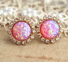 Opal Stud earringsPink Opal stud earrings.Pink by iloniti on Etsy Pink Round Earrings With Sparkling Stones, Pink Sparkling Stone Round Earrings, Pink Crystal Round Earrings For Gift, Pink Sparkling Round Earrings, Pink Round Clip-on Earrings For Gift, Pink Jeweled Jewelry For Anniversary, Pink Jeweled Wedding Earrings, Formal Pink Round Clip-on Earrings, Pink Round Earrings For Jewelry Making