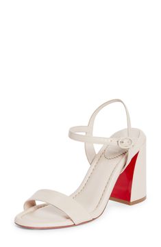 A sculptural heel brings a contemporary aesthetic to this minimalist sandal crafted of calfskin leather and grounded by that iconic Louboutin-red sole. 3 1/4" (85mm) heel (size 38.5) Adjustable strap with buckle closure Wipe with a soft, dry cloth and store in a dust bag Please note the red lacquer on soles will wear off as a result of normal use. To minimize the effect, avoid wearing in wet weather or on abrasive surfaces Leather upper, lining and sole Made in Italy Designer Shoes Calf Leather Sandals With Sculpted Heel, Calf Leather Sandals With Sculpted High Heel, Calf Leather High Heel Sandals With Sculpted Heel, Open Toe Calf Leather Heels With Sculpted Heel, Modern Sandals With Red Sole For Evening, Modern Evening Sandals With Red Sole, Calf Leather Heels With Contrasting Heel Counter, Calf Leather Heels With Sculpted Open Heel, Modern Calf Leather Heels With Single Toe Strap