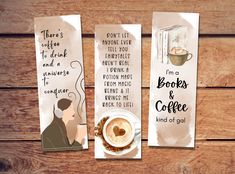 three bookmarks with coffee and books on them