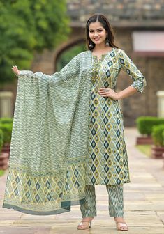 Grab this beautiful 3-piece set. The set comes with straight shape geometric print kurta has v neck, 3/4th sleeves & calf length teamed with printed bottom and a chanderi cotton printed dupatta to match. Color - Grey Kurta Fabric-Viscose Pant Fabric-Viscose Dupatta Fabric- Chanderi Cotton Neck-V Neck Sleeves-3/4th Sleeves Work - Geometric Print Detailing Washing Instructions-Dry Clean Model Height - 5.5 wearing size small. DISCLAIMER - The color of the product may be differ due to screen settings of device. A misprint here and a color drop slip there is the beauty of printing which is not treated as a defect. Grey Kurta, Formal Jewelry, Printed Dupatta, Cotton Dupatta, Shape Geometric, Churidar, Suit Set, Fabric Shop, Formal Wedding