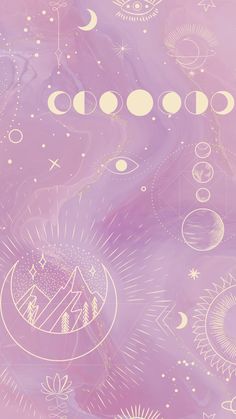 an abstract painting with white circles and stars on purple marbled paper, as well as the moon phases