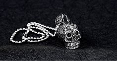 New Lower Price A LIMITED & UNIQUE PIECE. Whether you’re headed out to a graveyard festival to honor the dead, or simply looking for a stylish item to wear, this necklace is the right accessory for any outing. Emo Halloween Festival Necklace, Silver Emo Necklace For Festival, Silver Emo Style Necklace For Festivals, Punk Metal Necklace With Skull Print, Punk Style Metal Necklace With Skull Print, Black Edgy Skull Necklace, Gothic Skull Necklace In Stainless Steel, Gothic Skull Print Necklace For Gifts, Black Skull Necklace In Edgy Style