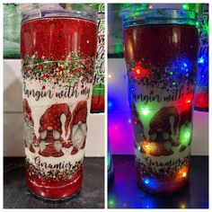 two different shots of the same cup with lights on it and one is red, white and green