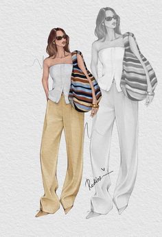 two women in different colored pants and one is wearing a white top with stripes on it