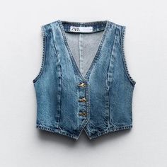 V-Neck Vest. Washed Effect. Front Button Closure. Mid-Blue | 8228/033 Outer Shell 100% Cotton Which Has At Least Outer Shell 20% Rcs-Certified Recycled Cotton 80% Ocs-Certified Organically Grown Cotton Preppy Cowgirl, Cropped Denim Vest, Zara Puffer, Ropa Upcycling, Crop Denim Vest, Cable Knit Vest, Western Clothes, Velvet Vest, Vest Outfit