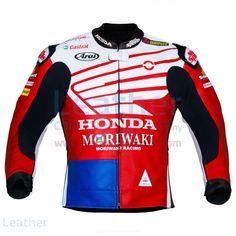 a red and white motorcycle jacket with the words honda motiwaki on it