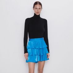 Never Worn: Perfect Condition. Zipper Closure For Dressing In Back. 14” Waist, 15” Out Seam Length Ruffle Mini Skirt, Zara Skirts, Mini Skirt, Color Blue, Mini Skirts, Zara, Zipper, Skirt, Women Shopping