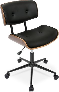 an office chair with black leather upholstered back and wooden seat, viewed from the front