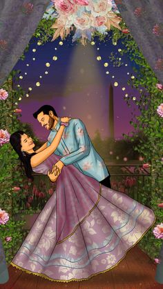 a man and woman are dancing under an arch with flowers in the background at night