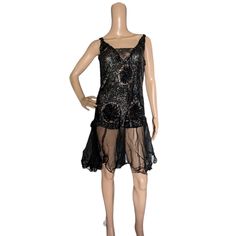 Sexy, See-Through Design With Plunging V Neckline With A Lace Insert And Flirty Sheer Chiffon Tulle Skirt. Elaborate Art Deco Hand Embellished Whirling Floral Patterns. In Excellent Gently Worn Condition, Please See Photos For Measurements. Do To The Delicate Nature Of The Garment, No Returns Can Be Accepted. 1920s Sleeveless Sequin Dress, 1920s Fitted Sequin Dress, Summer Gatsby Flapper Dress For Night Out, 1920s Style Fitted Flapper Evening Dress, Gatsby Style Summer Evening Flapper Dress, Summer Gatsby Style Flapper Dress For Evening, Summer Evening Gatsby Flapper Dress, 1920s Embellished Fitted Dress, 1920s Sleeveless Party Dress